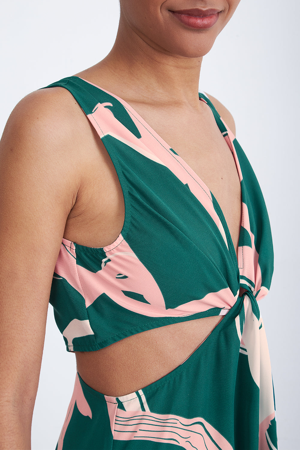 Vestido Estampado Aberturas Cintura Verde