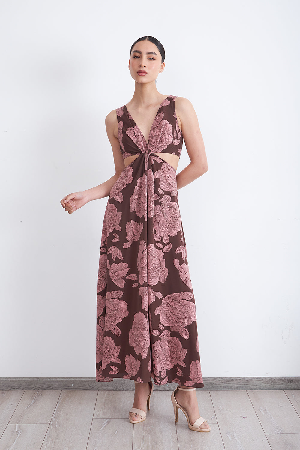 Vestido Estampado Aberturas Cintura Café