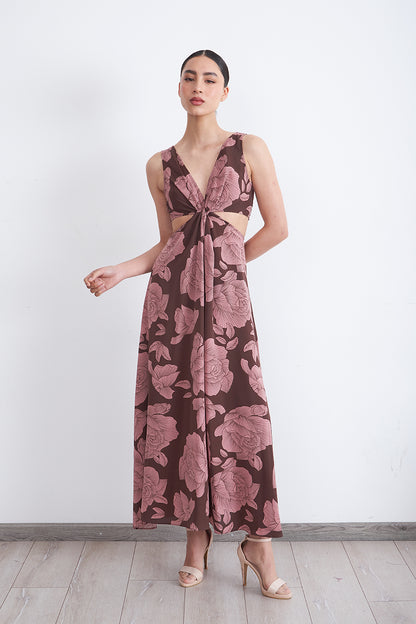 Vestido Estampado Aberturas Cintura Café
