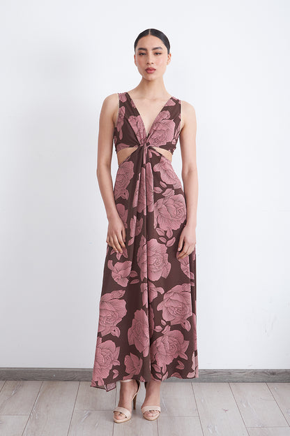 Vestido Estampado Aberturas Cintura Café