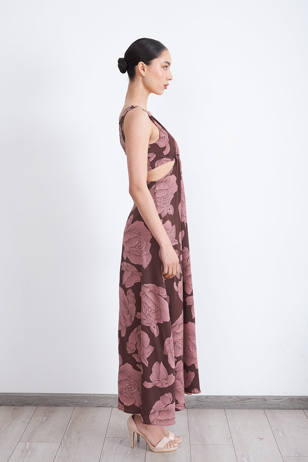 Vestido Estampado Aberturas Cintura Café