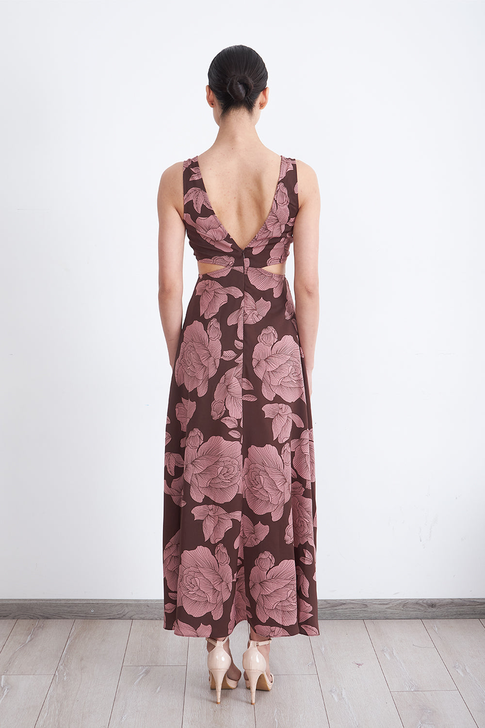 Vestido Estampado Aberturas Cintura Café
