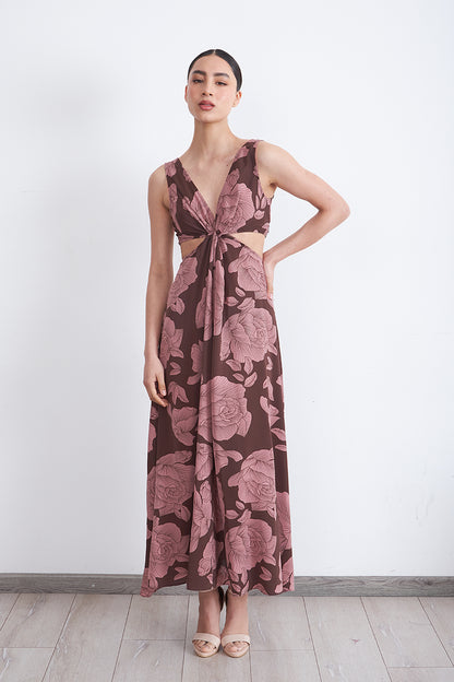 Vestido Estampado Aberturas Cintura Café