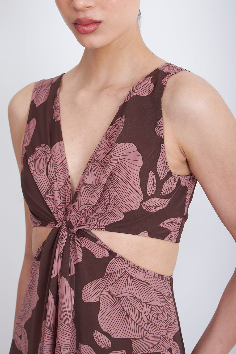 Vestido Estampado Aberturas Cintura Café