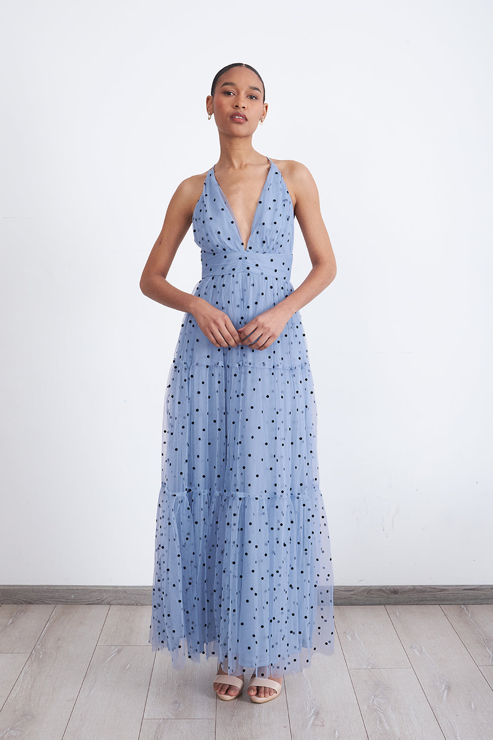 Maxi Vestido de Puntos Tul Celeste