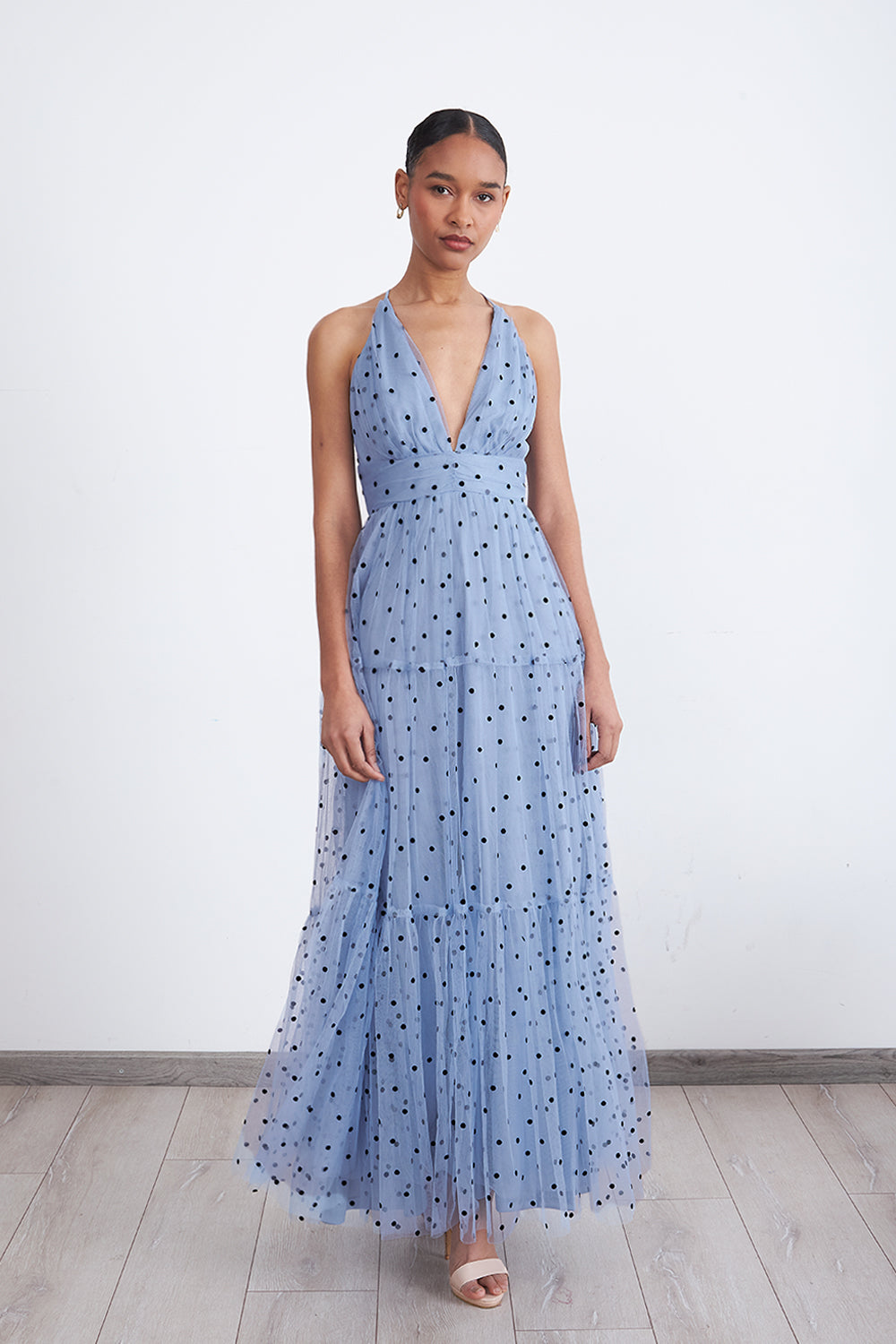 Maxi Vestido de Puntos Tul Celeste