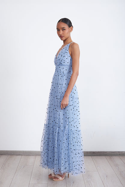 Maxi Vestido de Puntos Tul Celeste