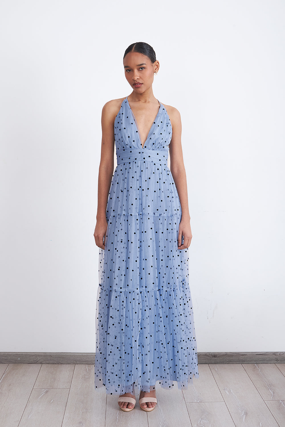 Maxi Vestido de Puntos Tul Celeste