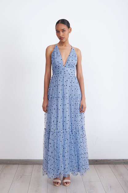 Maxi Vestido de Puntos Tul Celeste
