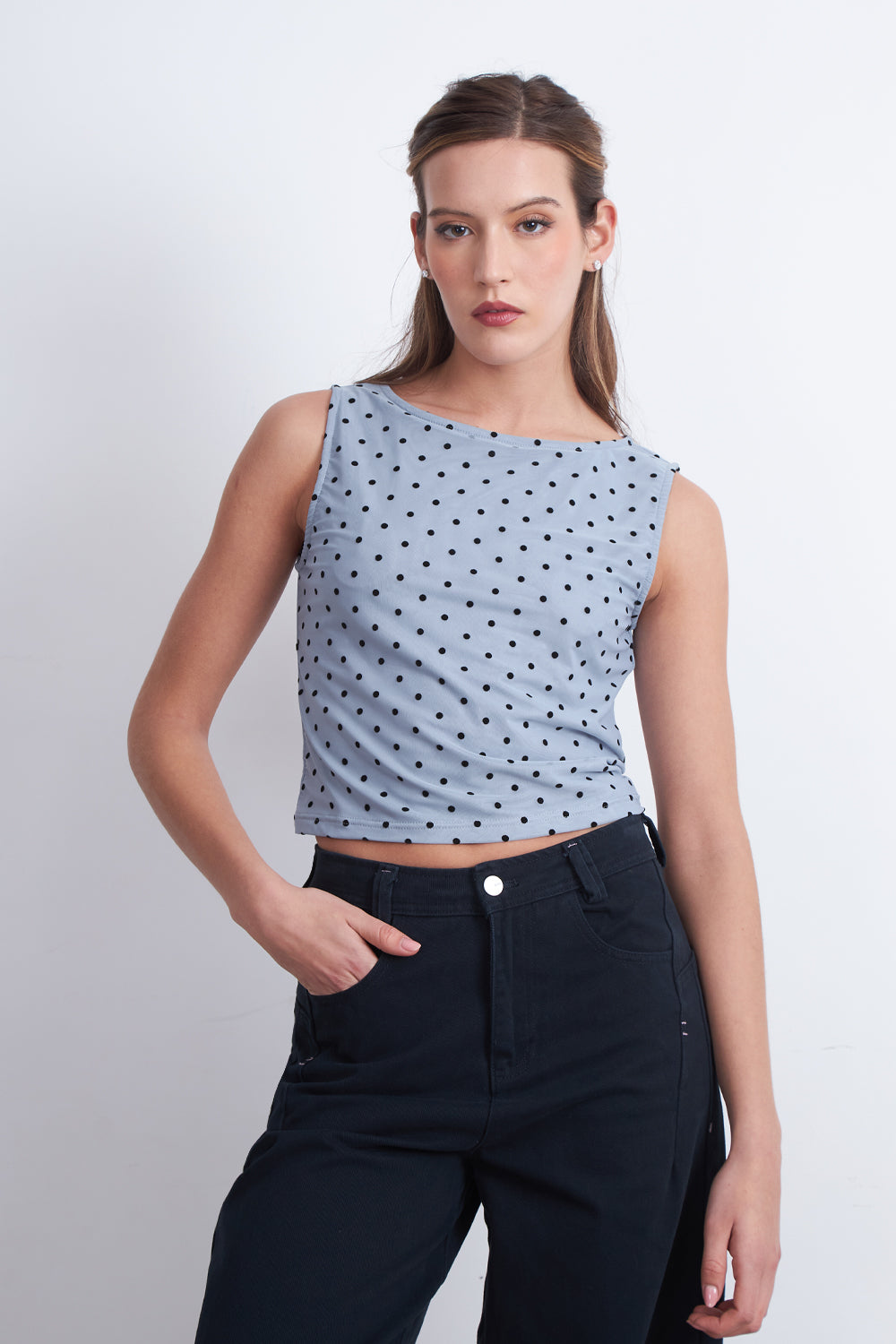Top Malla Lunares Celeste