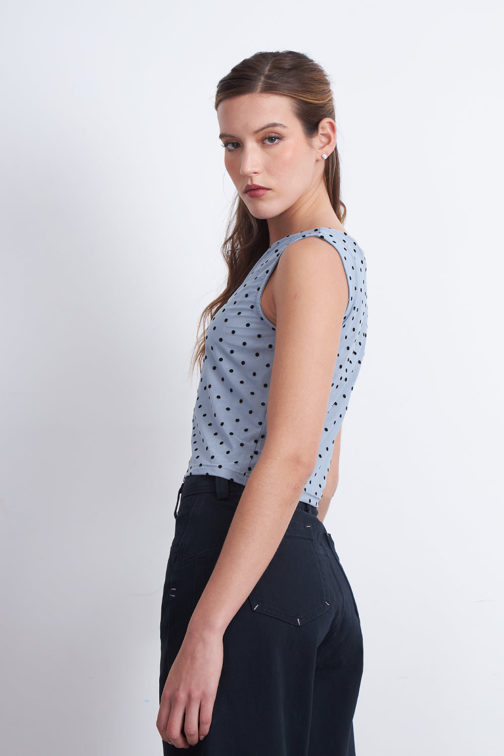 Top Malla Lunares Celeste