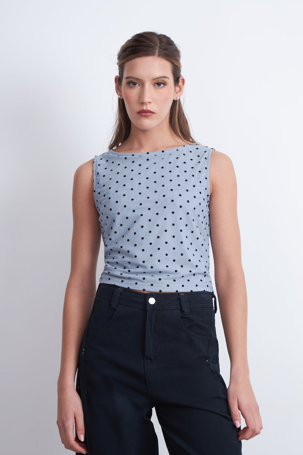 Top Malla Lunares Celeste