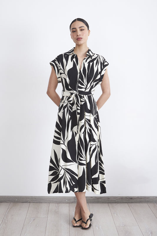 Vestido Cuello Camisero Cinturón Negro