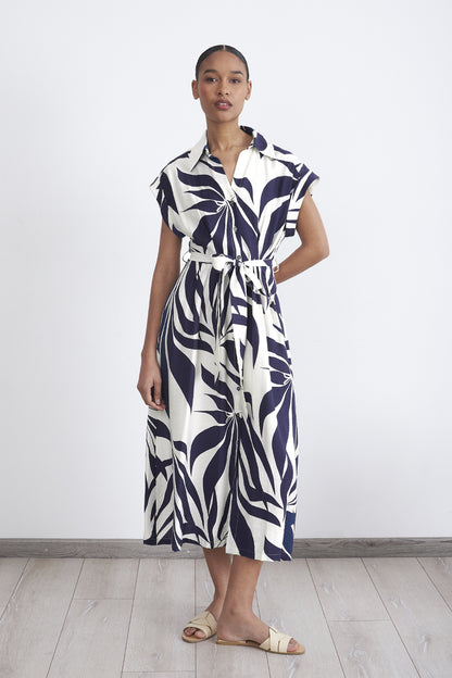 Vestido Cuello Camisero Cinturón Azul Marino