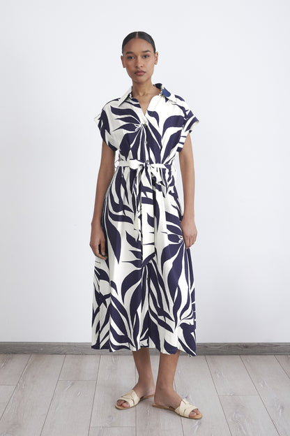 Vestido Cuello Camisero Cinturón Azul Marino