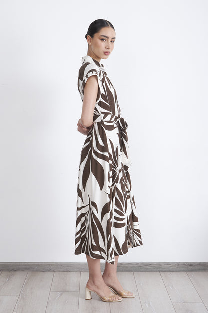 Vestido Cuello Camisero Cinturón Café