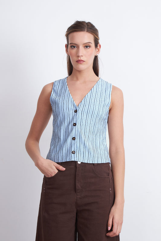 Gilet Líneas Verticales Tipo Crepé Celeste