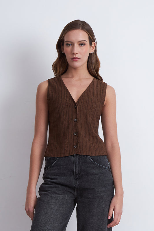 Gilet Líneas Verticales Tipo Crepé Café