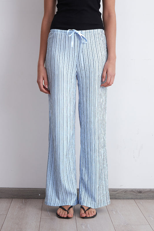 Pantalón Tipo Crepe Rayas Celeste