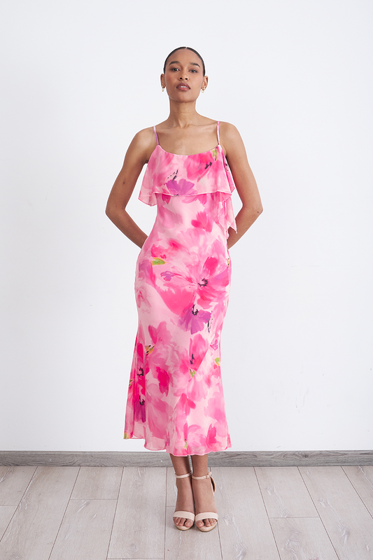 Vestido Midi Estampado Flores Vuelos Rosado