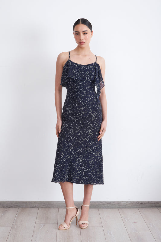 Vestido Midi Estampado Puntos y Vuelos Azul Marino