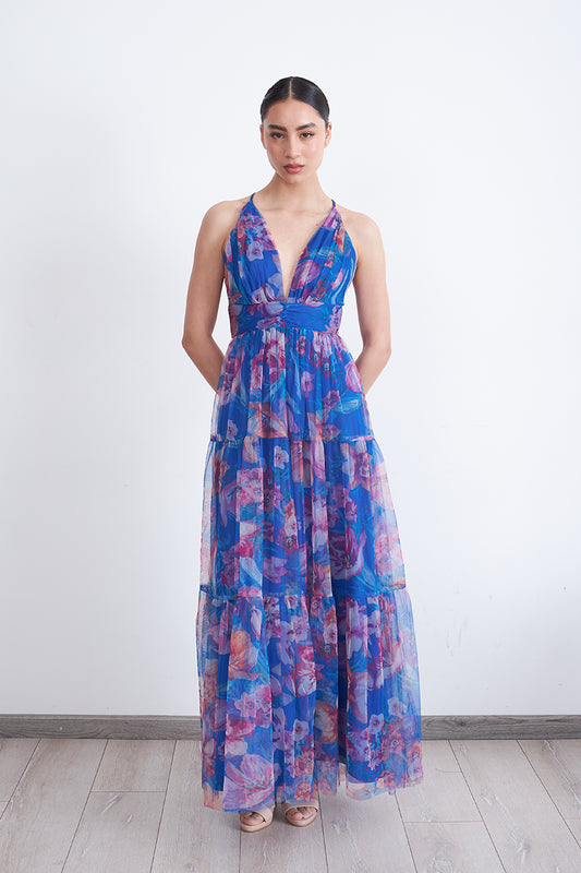 Vestido Floreado Tul Azul