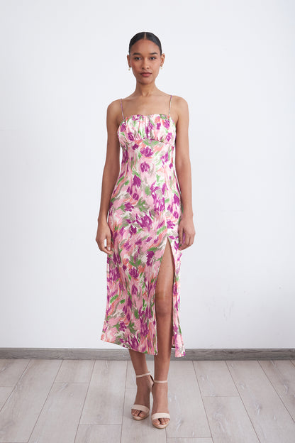 Vestido Satinado Escote Fruncido Rosado