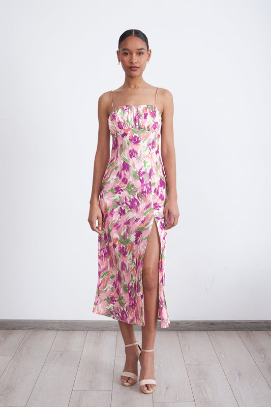 Vestido Satinado Escote Fruncido Rosado