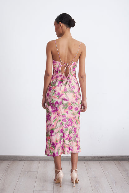 Vestido Satinado Escote Fruncido Rosado