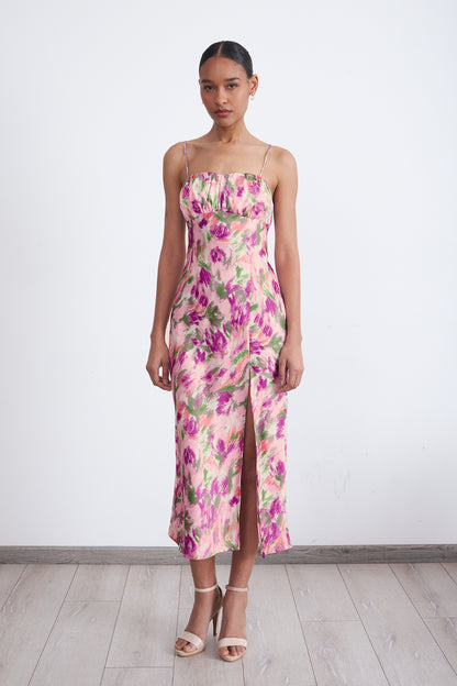Vestido Satinado Escote Fruncido Rosado