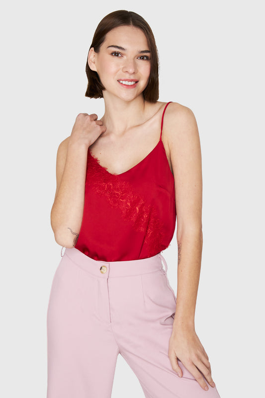Top Tipo Satín Encaje Rojo