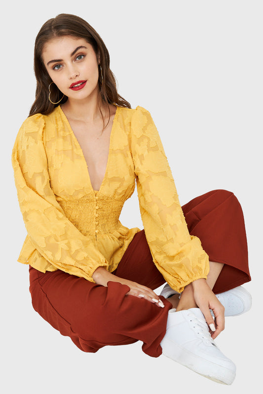 Blusa Transparente Flores Mostaza
