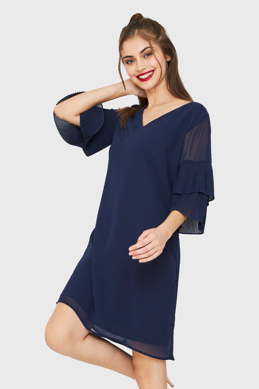 Vestido Manga Plisada Azul Marino