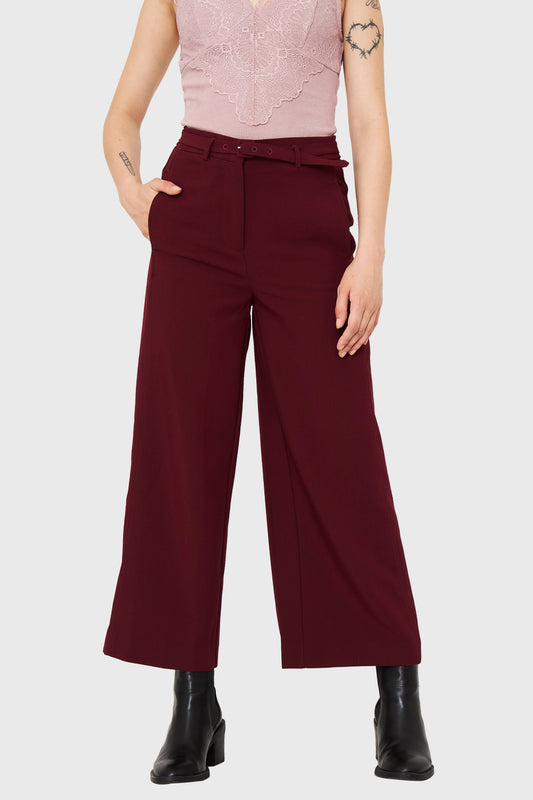 Pantalón Cropped Cinturón Burdeos