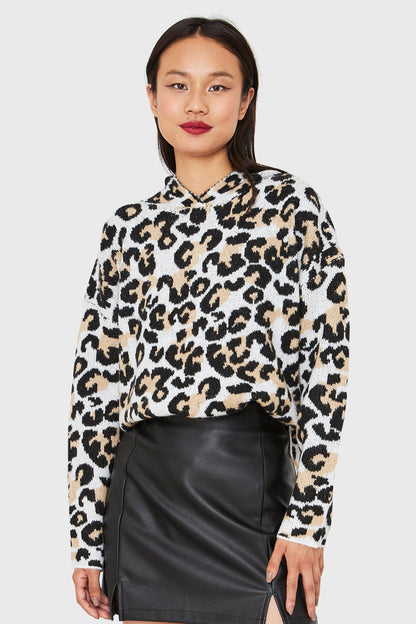 Sweater Leopard Con Gorro Blanco