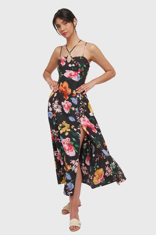 Vestido Largo Floral Tajo Negro