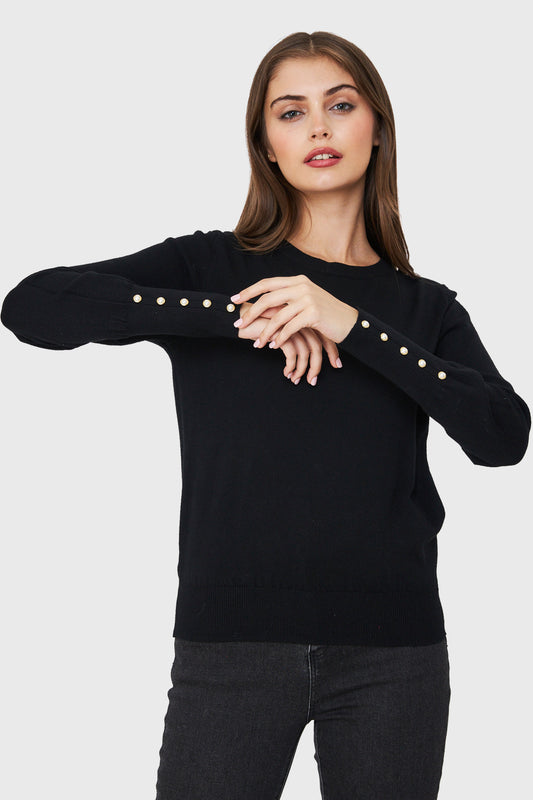 Sweater Punto Fino Detalles Perlas Negro