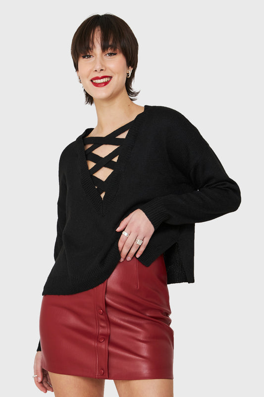 Sweater Escote Lace Up Negro