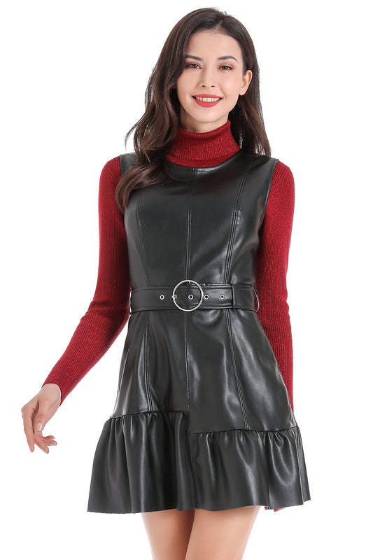 Vestido Ecocuero Cinturón Negro