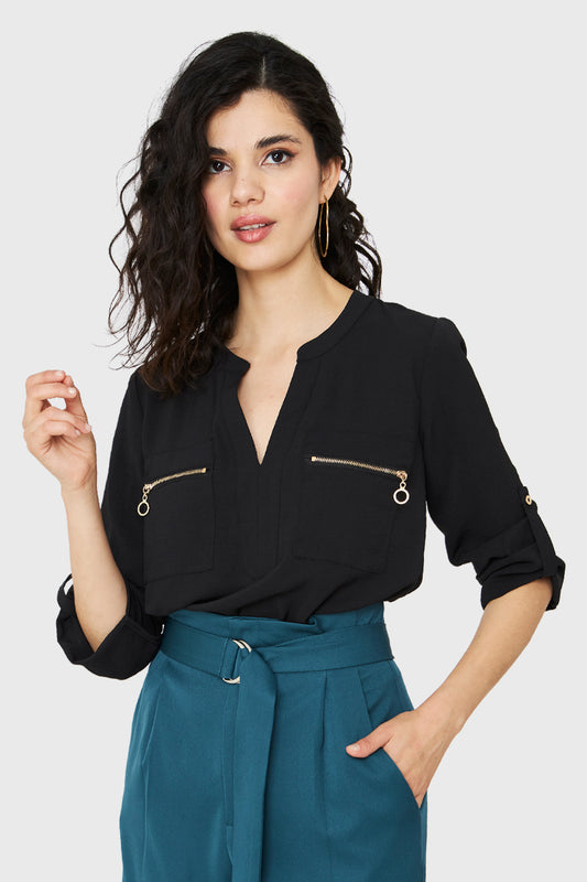 Blusa Cuello Mao Cierres Negro