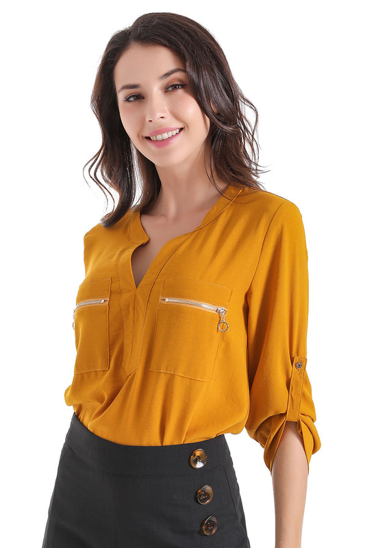 Blusa Cuello Mao Cierres Amarillo