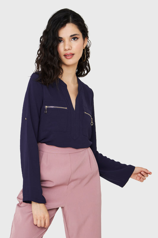 Blusa Cuello Mao Azul Marino