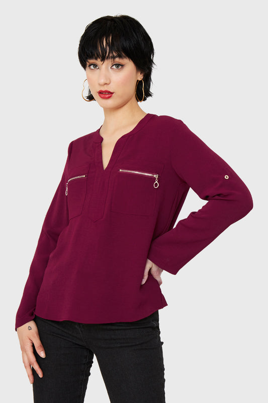 Blusa Cuello Mao Burdeo