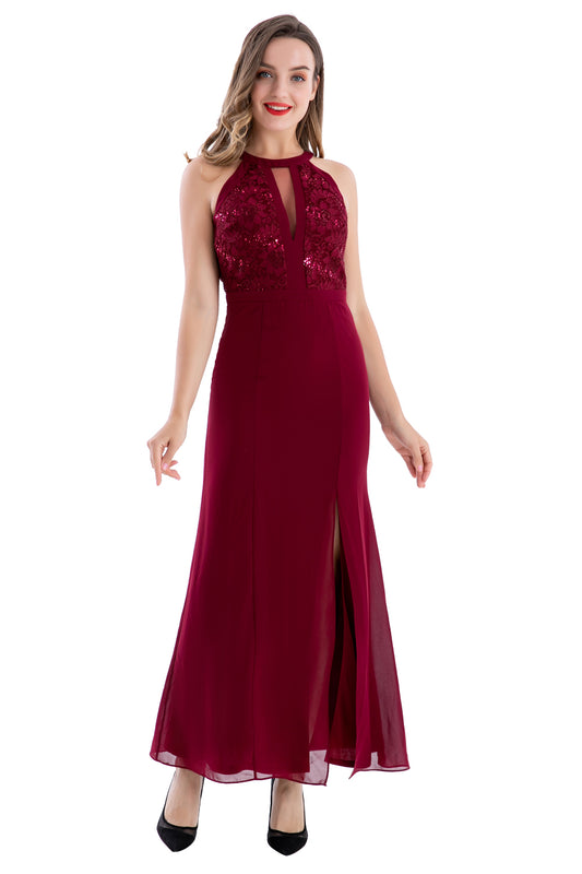 Vestido Halter Encaje Burdeos