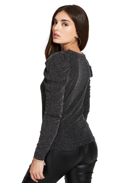 Polera Brillo Manga Drapeada Negro