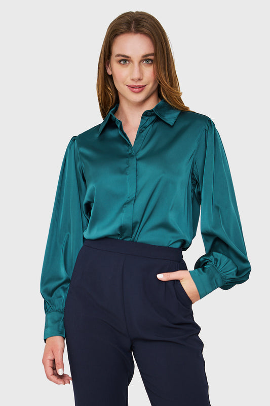 Blusa Tipo Satín Botonera Invisible Verde
