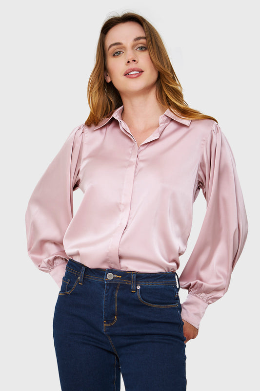 Blusa Tipo Satín Botonera Invisible Rosado