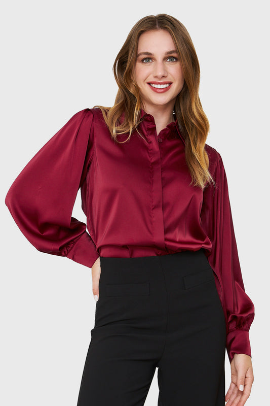 Blusa Tipo Satín Botonera Invisible Burdeo