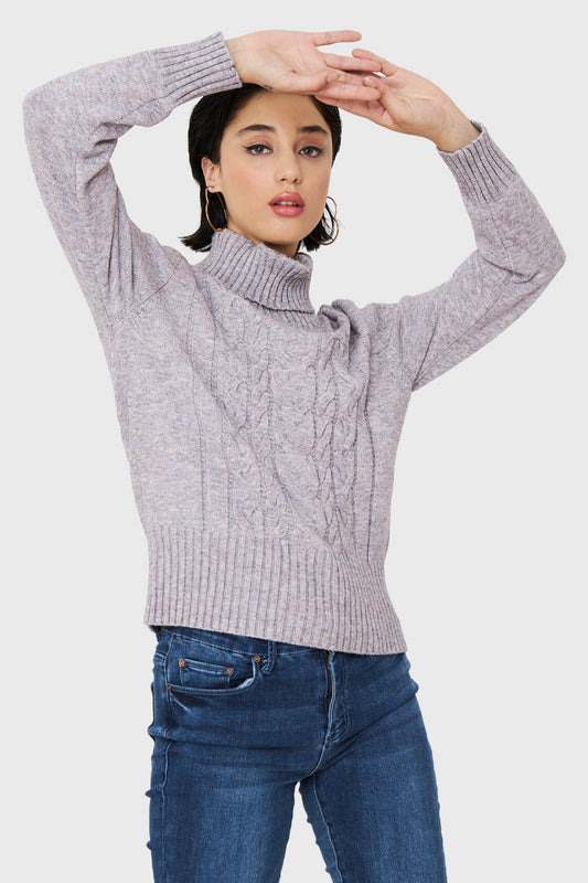 Sweater Cuello Alto Trenzas Gris
