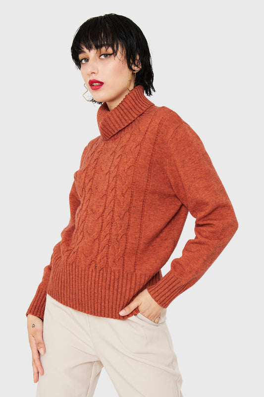 Sweater Cuello Alto Trenzas Naranja